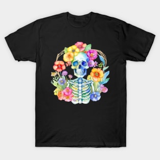 Rebirth - Watercolor Skeleton With Flowers T-Shirt